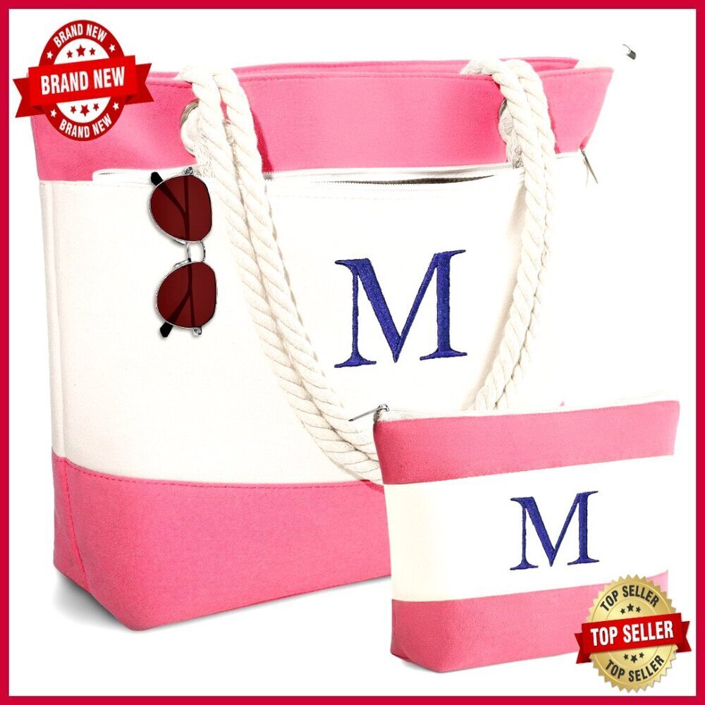 Large Waterproof Canvas Tote Bag with Zipper Pockets for Beach Travel